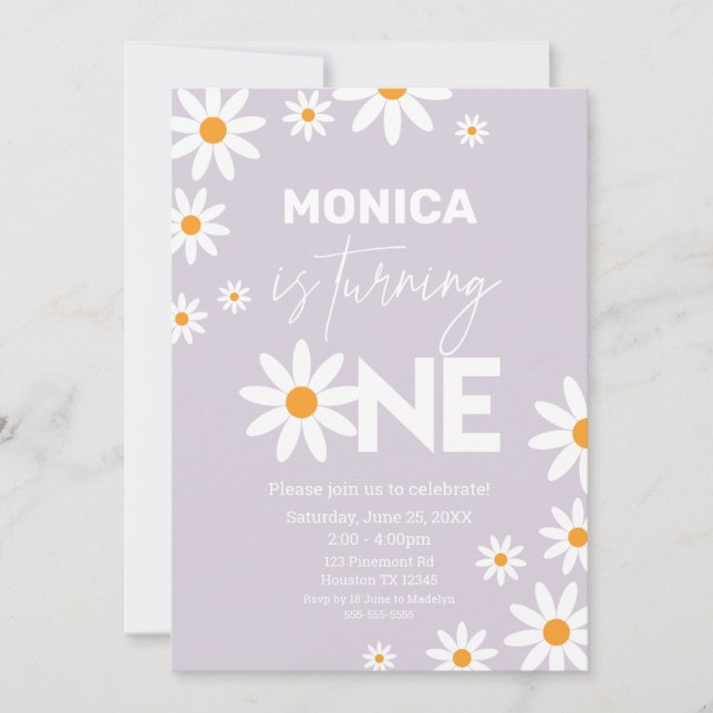 Boho Daisies One Birthday Party lilac invitation Inbjudningar (Framsida)