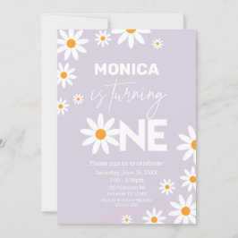 Boho Daisies One Birthday Party lilac invitation Inbjudningar