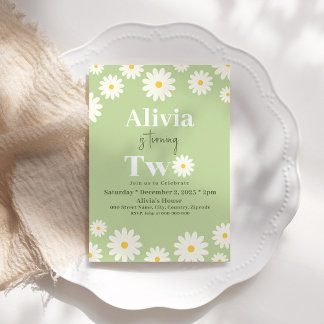 Boho Daisy 2 Blommigt Grönt Bohemian 2:a födelseda Inbjudningar