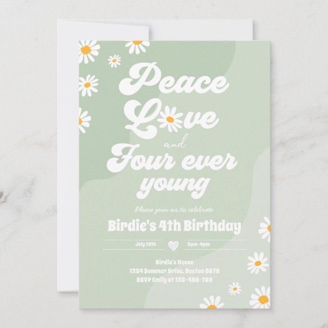 Boho Daisy 4e födelsedagen Peace Kärlek Four Now Y Inbjudningar (Framsida)