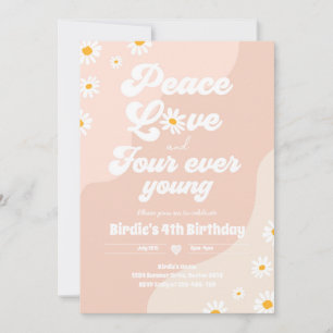 Boho Daisy 4e födelsedagen Peace Kärlek Four Now Y Inbjudningar