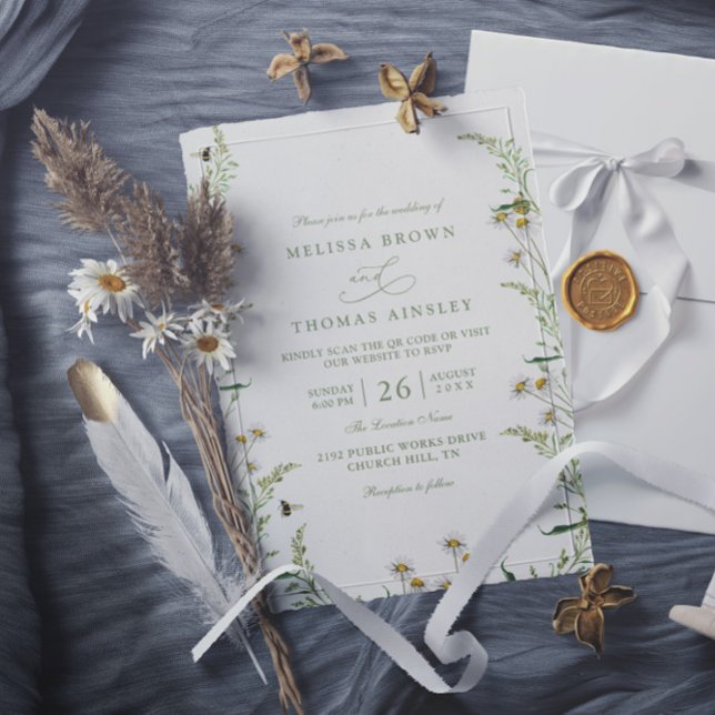 Boho Daisy Beidge Wildflower QR Code Wedding Inbjudningar (Skapare uppladdad)