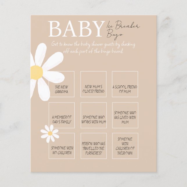 Boho Daisy Blommigt Baby Ice Breaker Bingo Game (Framsida)
