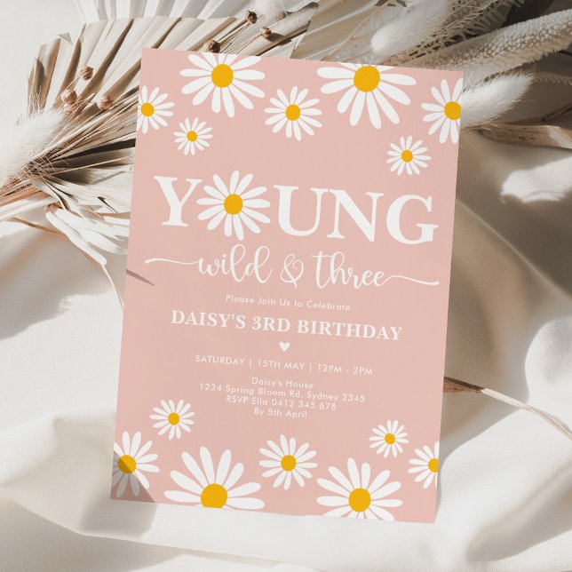 Boho Daisy Blommigt Ung Vild och 3:e födelsedagen Inbjudningar (Skapare uppladdad)