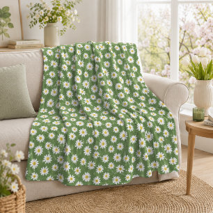 Boho Daisy Blommönster Grön Fleecefilt