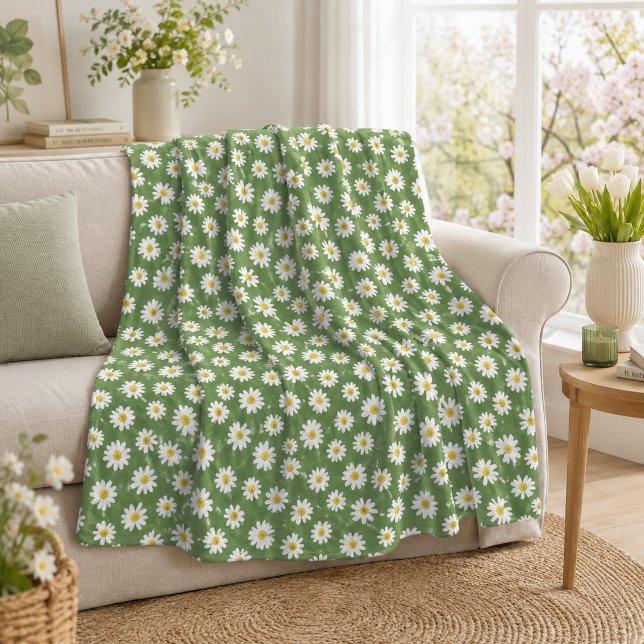 Boho Daisy Blommönster Grön Fleecefilt (Skapare uppladdad)