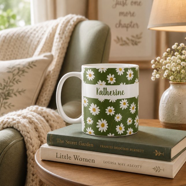 Boho Daisy Blommönster Grön Kaffemugg (Skapare uppladdad)