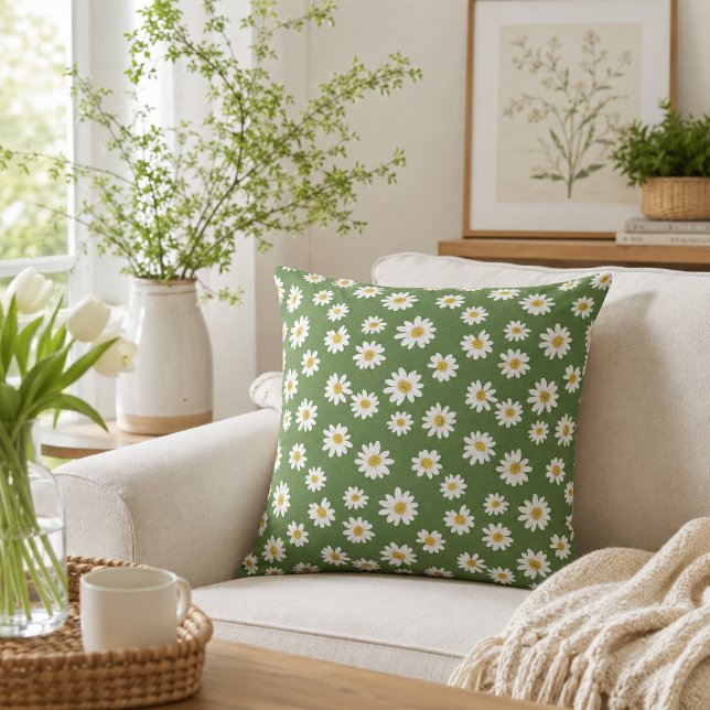 Boho Daisy Blommönster Grön Kudde (Skapare uppladdad)