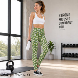Boho Daisy Blommönster Grön Leggings