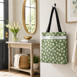Boho Daisy Blommönster Grön Namn Tygkasse