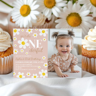 Boho Daisy Bloom Fotoinbjudan till första födelsed Tack Kort
