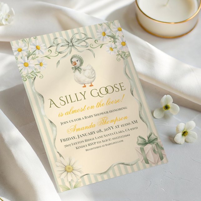 Boho Daisy Dum Goose Grön Neutral Bebis Shower Inbjudningar (Skapare uppladdad)