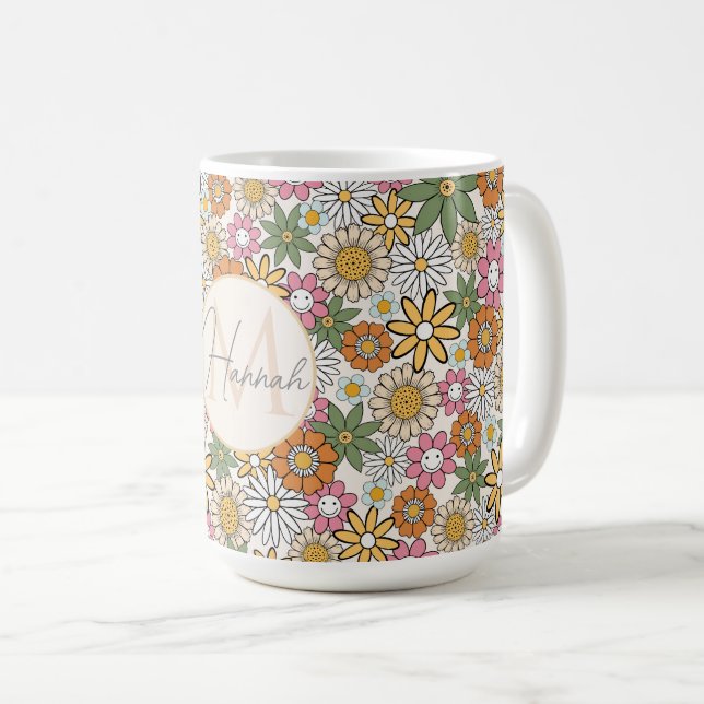 Boho Daisy Flowers 70s Groovy Blommigt Kaffemugg (Framsida höger)