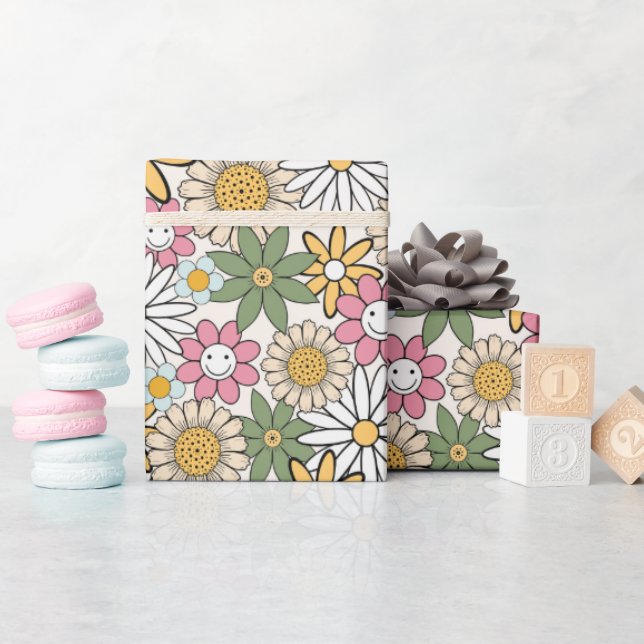 Boho Daisy Flowers 70s Groovy Blommigt Presentpapper (Baby Shower)