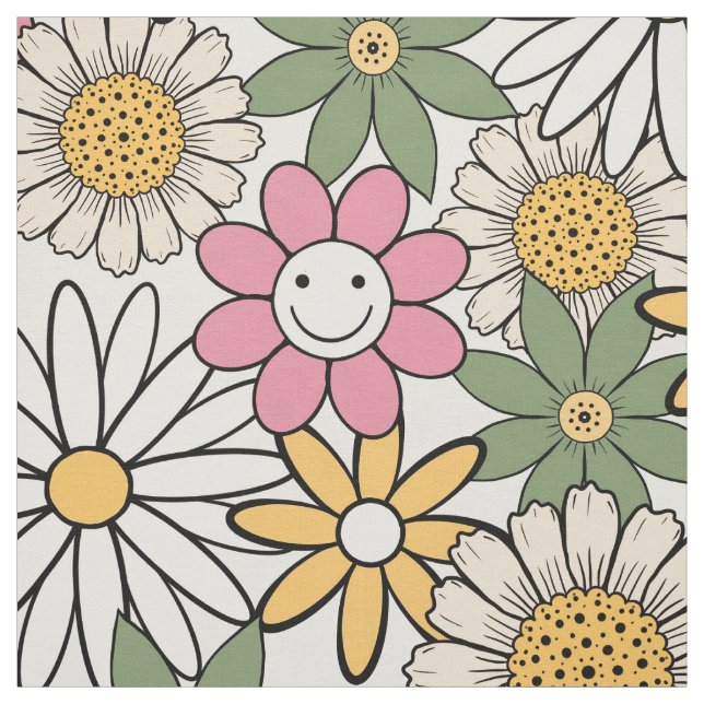 Boho Daisy Flowers 70s Groovy Blommigt Tyg (Provkarta)