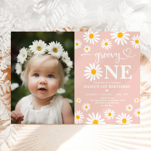  Boho Daisy Groovy Ett foto på födelsedag Inbjudningar