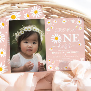 Boho Daisy Little Miss ONEderful Photo Birthday Inbjudningar