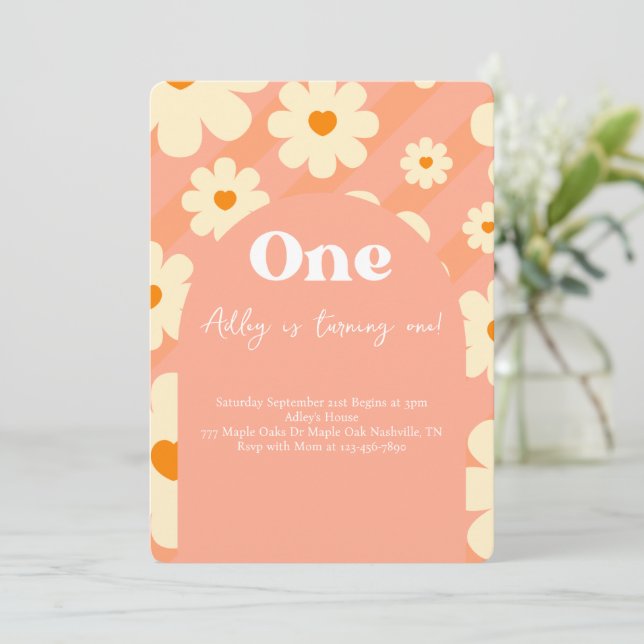 Boho Daisy Rainbow 1:a Retro Birthday-inbjudan Inbjudningar (Stående Fram)