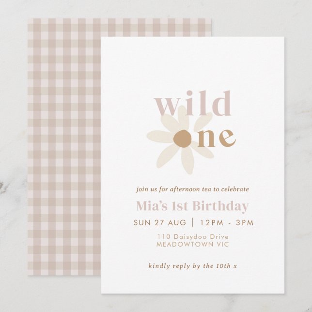  Boho Daisy Retro första födelsedagsinbjudan Inbjudningar (Fram/baksida)