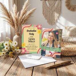 Boho Daisy Retro Sålgrön Foto Examenfest Inbjudningar