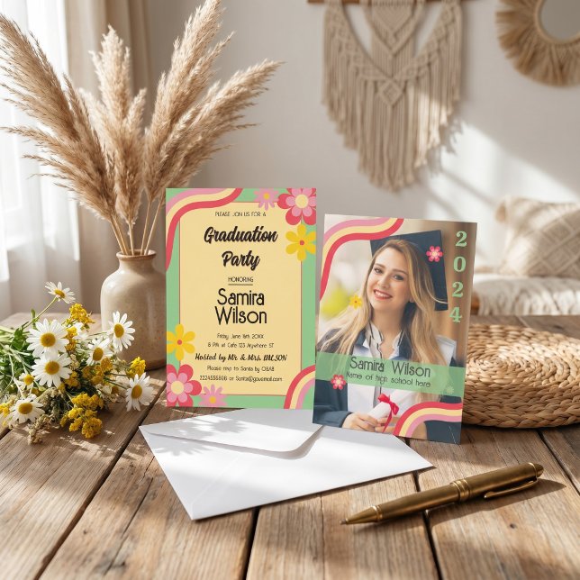 Boho Daisy Retro Sålgrön Foto Examenfest Inbjudningar (Boho Daisy Retro Text Photo Graduation Party Invitation)