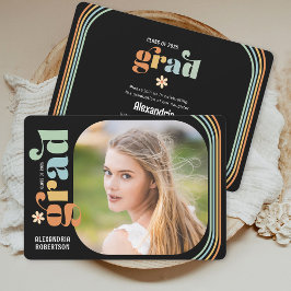 Boho Daisy Retro Text Photo Studentfest Inbjudningar
