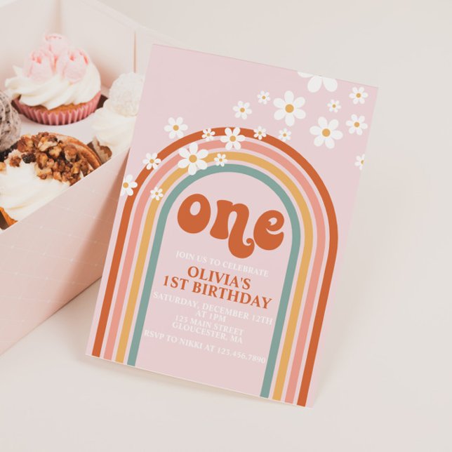 Boho-Daisyns regnbåge första födelsedag Inbjudningar (Skapare uppladdad)