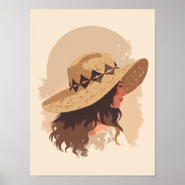 Boho dam med Woven Hat Wall Art Poster (Framsidan)