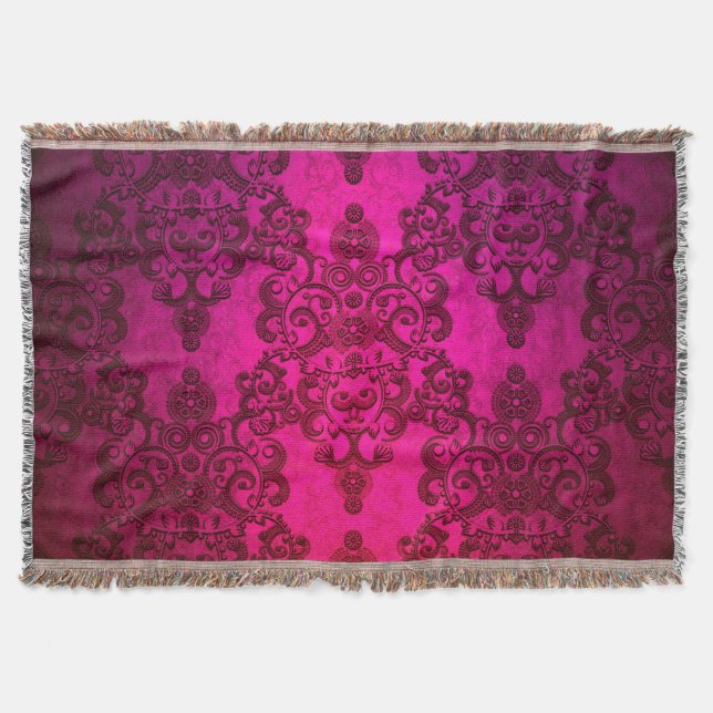 Boho Damask Djupt Glödande Rosa Viktoriansk Stil Filt (Framsidan)