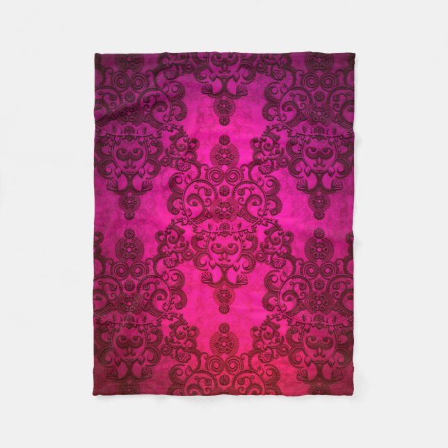 Boho Damask Djupt Glödande Rosa Viktoriansk Stil Fleecefilt (Framsidan)