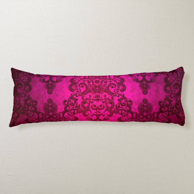 Boho Damask Djupt Glödande Rosa Viktoriansk Stil Kroppskudde (Framsidan)