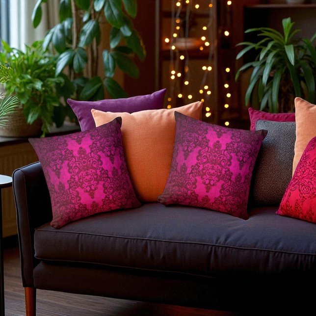Boho Damask Djupt Glödande Rosa Viktoriansk Stil Kudde (Skapare uppladdad)