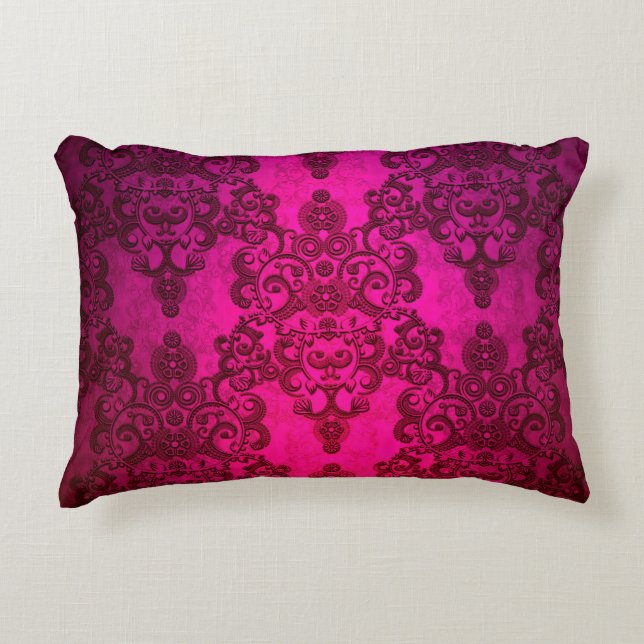 Boho Damask Djupt Glödande Rosa Viktoriansk Stil Prydnadskudde (Framsidan)