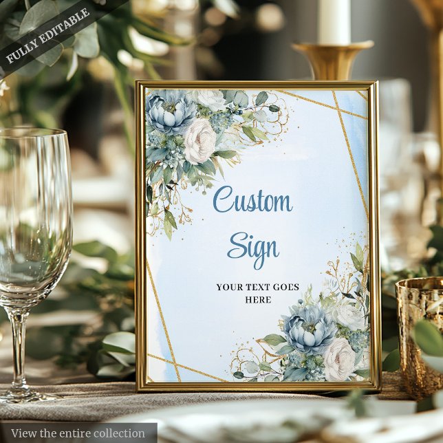 Boho Damblå Blommig Guld Glitter Välkomstskylt Poster (Boho Dusty Blue Floral Gold Glitter Welcome Sign)