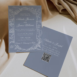 Boho Damblå Blommig QR-kod Botanisk Bröllop Inbjudningar
