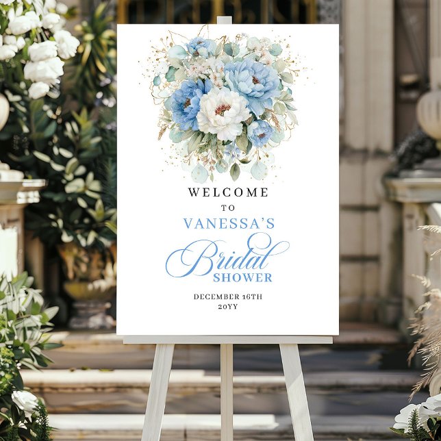 Boho Damblå Blommor Bröllopskalas Välkommen Poster (Boho Dusty Blue Flowers Bridal Shower Welcome)