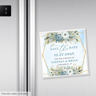 Boho Damblå Vit Pion Blommig Spara Datum Magnet