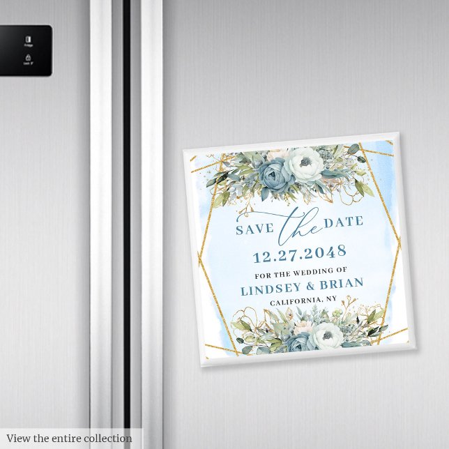 Boho Damblå Vit Pion Blommig Spara Datum Magnet (Boho Dusty Blue White Peony Floral Save the Date)