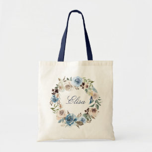 Boho dammblå beige rosblommig krans handväska tygkasse