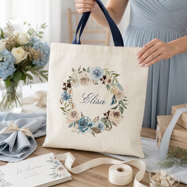 Boho dammblå beige rosblommig krans handväska tygkasse (Skapare uppladdad)