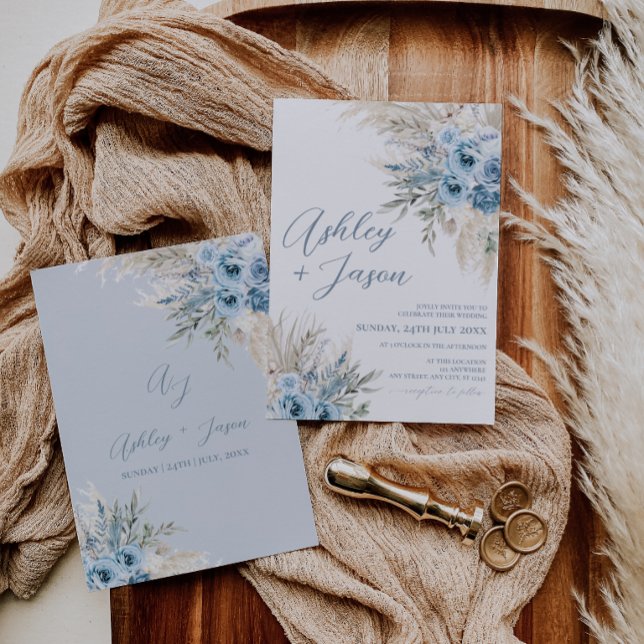 Boho dammblå pampas bröllopsinbjudan kort (Boho Dusty Blue Pampas Wedding Invitation Card)