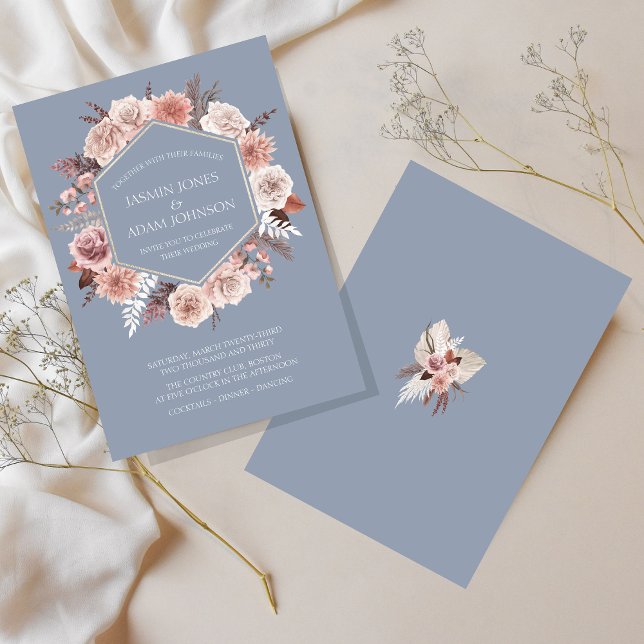 Boho dammblå torkade blommor krans bröllop inbjudningar (Boho Dusty Blue Dried Flowers Wreath Wedding Invitation)