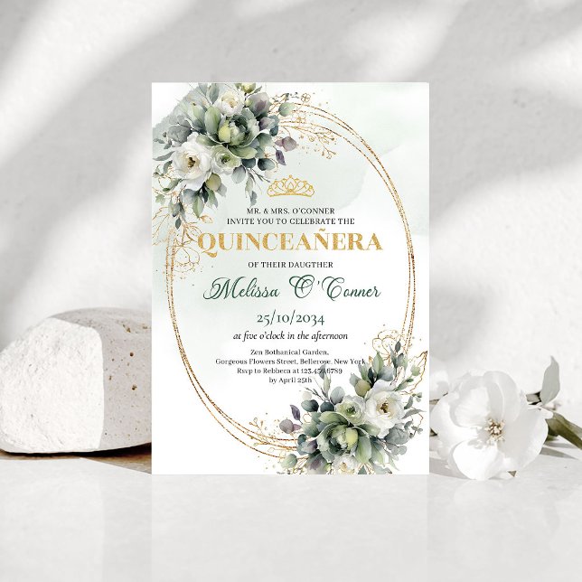 Boho Dammgrön Eukalyptus Quinceañera-inbjudan Inbjudningar (Boho Dusty Green Eucalyptus Quinceañera Invite)