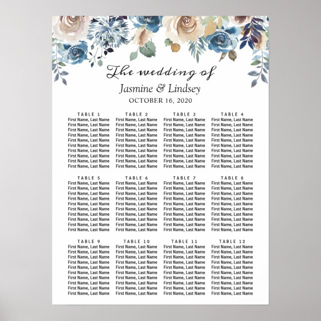 Boho dammig blå blommande bröllops sittplatskarta poster (Framsidan)