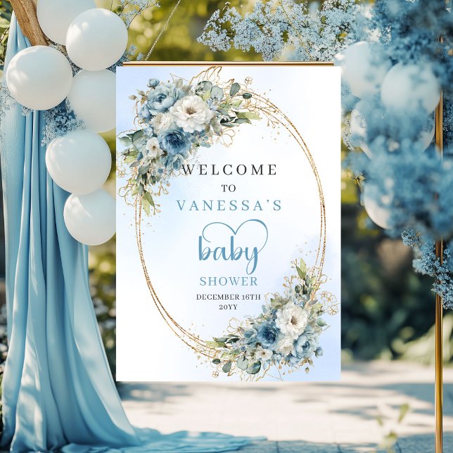 Boho dammig blå blommig eukalyptus baby shower-sky poster (Boho Dusty Blue Floral Eucalyptus Baby Shower Sign)