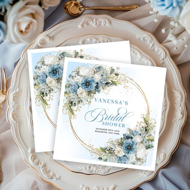 Boho dammig blå blommig eukalyptus guld bröllopssh pappersservett (Boho dusty blue floral eucalyptus gold bridal shower napkins

)