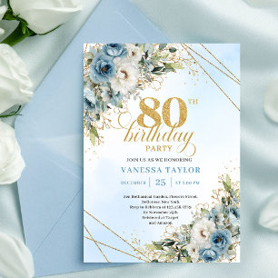Boho dammig blå blommig guld 80-års födelsedagsinb inbjudningar