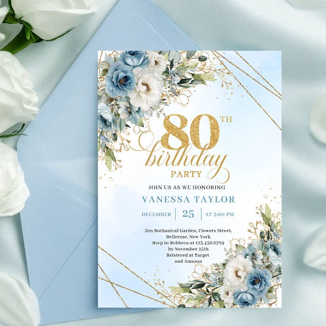 Boho dammig blå blommig guld 80-års födelsedagsinb inbjudningar (Boho Dusty Blue Floral Gold 80th Birthday Invitation XL

)