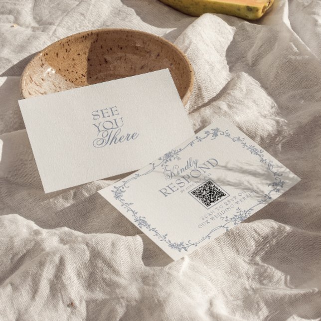 Boho dammig blå blommig QR-kod botanisk bröllop OSA Kort (Skapare uppladdad)