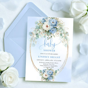 Boho dammig blå blommor Eucalyptus Guld Baby Showe Inbjudningar